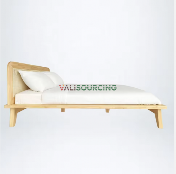 Minimalist Wooden Bed Frame with Rattan Cane Headboard – OEM & Wholesale