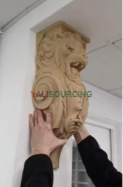 Solid Wood Wall Corbel with Detailed Lion Carving