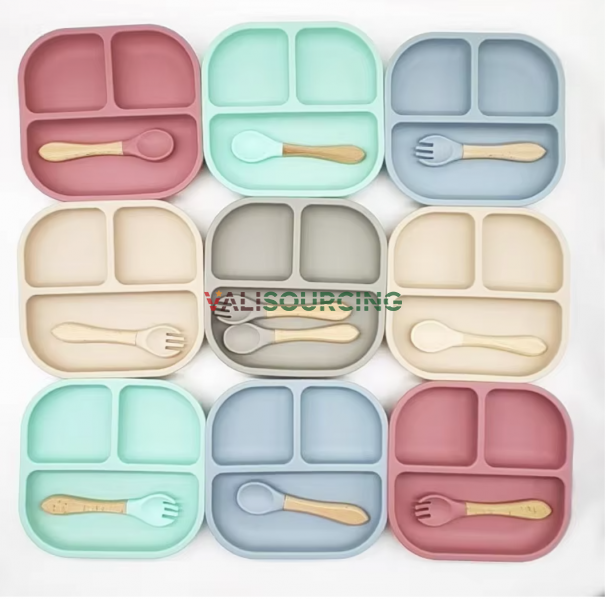 Silicone baby food set: bib, tray, spoon