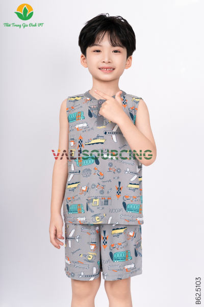 Bộ lanh bé trai quần đùi áo sát nách nẹp cổ vải phối từ Việt Nam