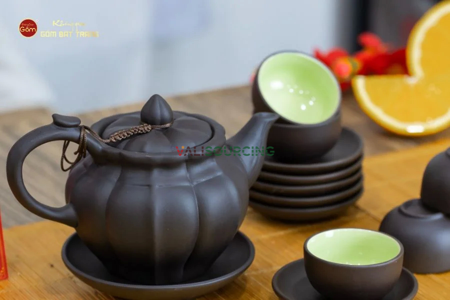 Tall Pumpkin Shaped Purple Clay Teapot Set