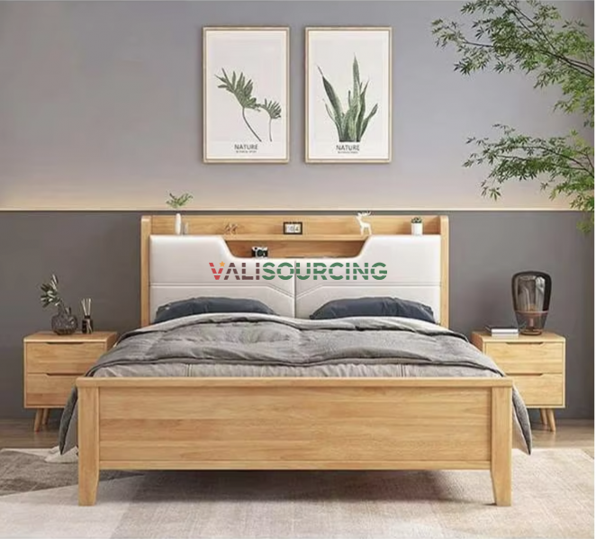 Natural wood bed with headboard, storage box and wall decoration sign