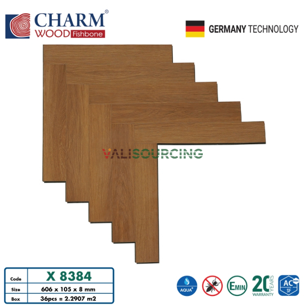Charmwood Herringbone Laminate Flooring X8384 8mm, Honey Brown, Aqua+ Water Resistant from Vietnam