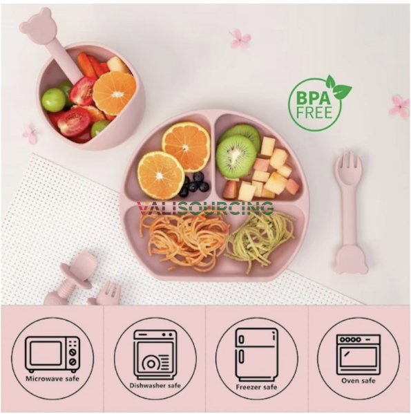 Silicone baby food set: bib, tray, spoon