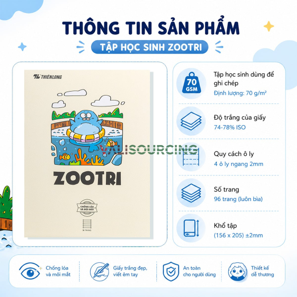 Anti-glare student notebook, 96 pages, 4-line ruled, 2mm thickness, 70gsm, Thien Long NB-146 - Random design from Vietnam