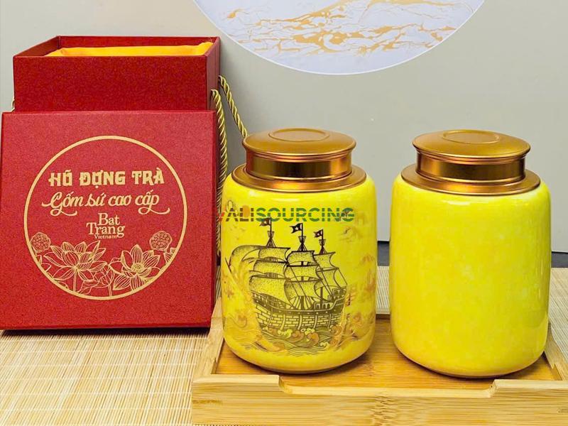 Bat Trang yellow glazed porcelain tea jar from Vietnam