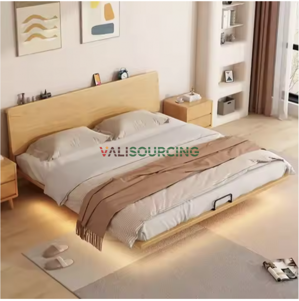 Natural wood bed with headboard, storage box and wall decoration sign