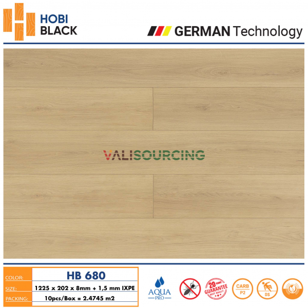 Hobi Black HB680 8mm Laminate Flooring | Super Waterproof Black Wood Core, with Pre-installed IXPE Foam Backing from Vietnam