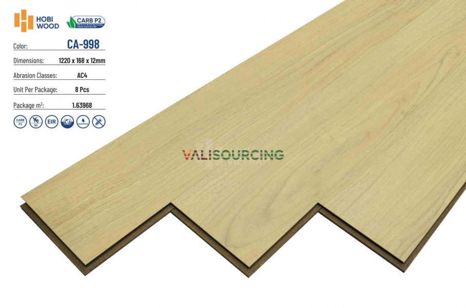 Sàn Gỗ Hobi Carb CA998 12mm | Chuẩn CARB P2 Mỹ | Công Nghệ Vân Sần EIR Châu Âu từ Việt Nam