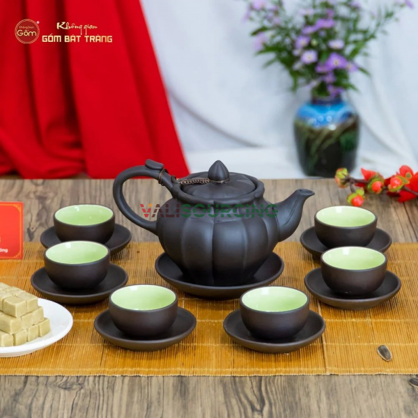 Tall Pumpkin Shaped Purple Clay Teapot Set