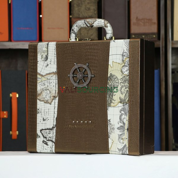 Leather box with 3 bottles, steering wheel map, brown HO16-318-M10 from Vietnam