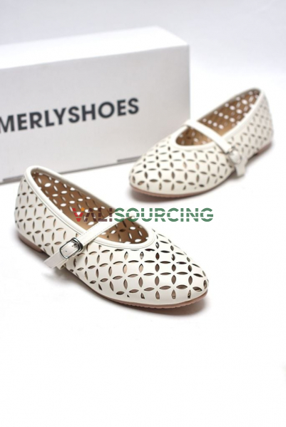 Merly 1642 Laser-Cut Mary Jane Flats | Breathable Symmetrical Leaf Pattern from Vietnam