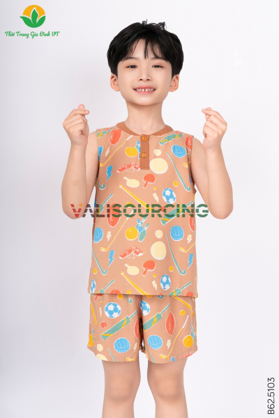 Bộ lanh bé trai quần đùi áo sát nách nẹp cổ vải phối từ Việt Nam