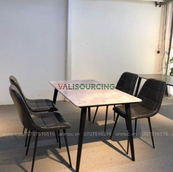 Stone Top Dining Table with Conical Legs and 4 L-Shaped Chairs from Vietnam
