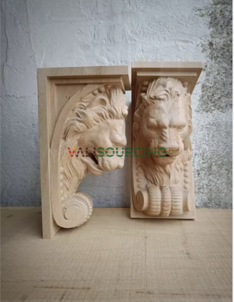 Solid Wood Wall Corbel with Detailed Lion Carving