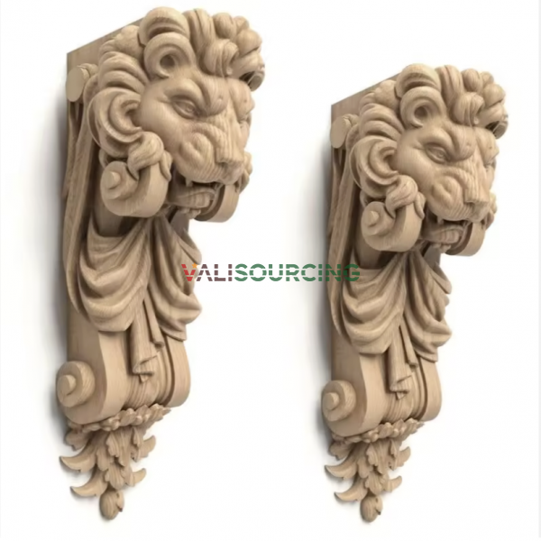 Solid Wood Wall Corbel with Detailed Lion Carving