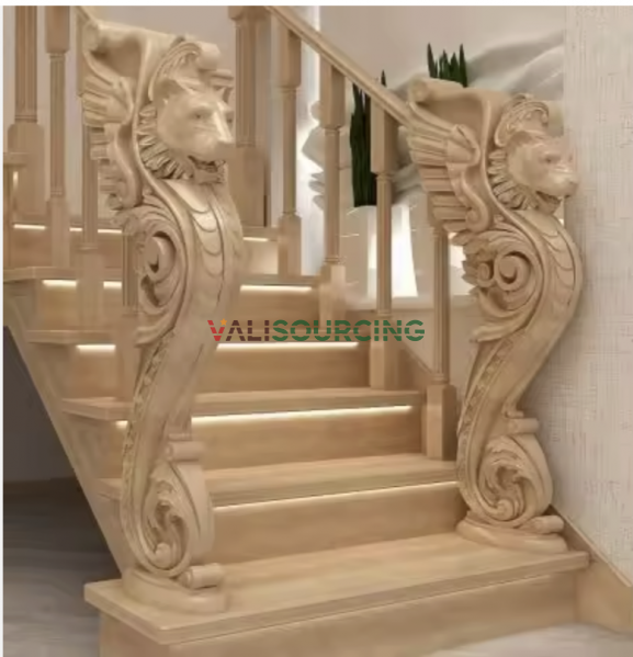 Luxury Lion Carved Solid Wood Newel Post