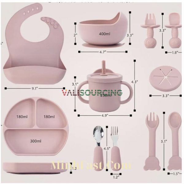 Silicone baby food set: bib, tray, spoon