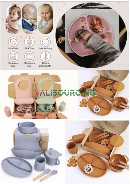 Silicone baby food set: bib, tray, spoon