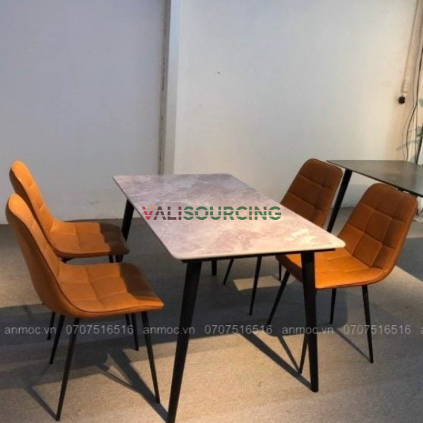 Stone Top Dining Table with Conical Legs and 4 L-Shaped Chairs from Vietnam