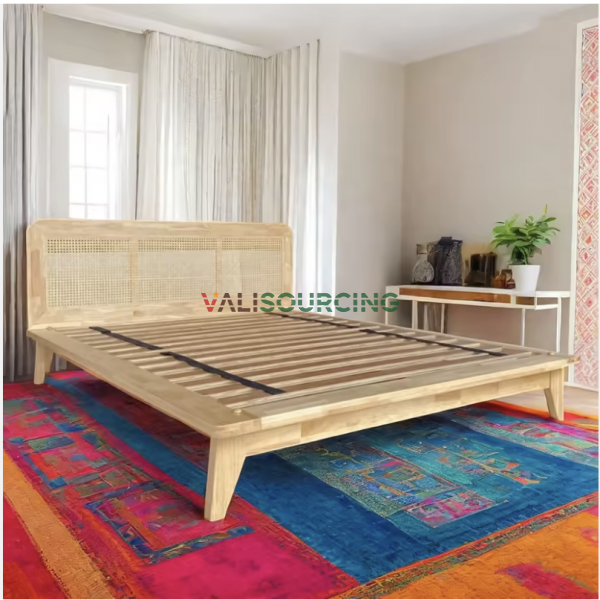Minimalist Wooden Bed Frame with Rattan Cane Headboard – OEM & Wholesale