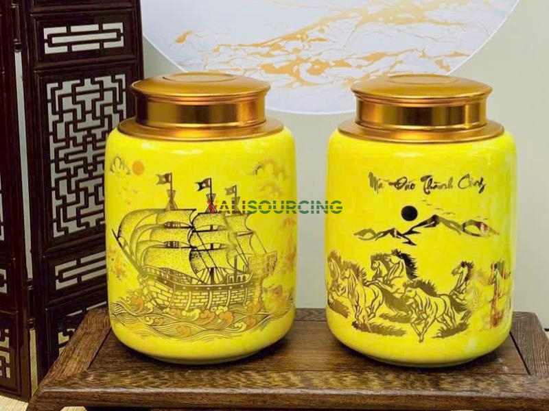Bat Trang yellow glazed porcelain tea jar from Vietnam