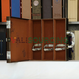 Leather box with 3 bottles, steering wheel map, brown HO16-318-M10