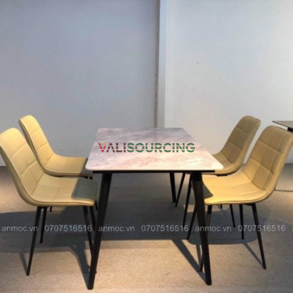 Stone Top Dining Table with Conical Legs and 4 L-Shaped Chairs from Vietnam