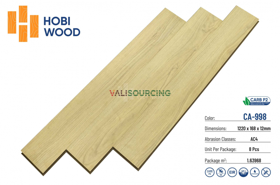Sàn Gỗ Hobi Carb CA998 12mm | Chuẩn CARB P2 Mỹ | Công Nghệ Vân Sần EIR Châu Âu từ Việt Nam