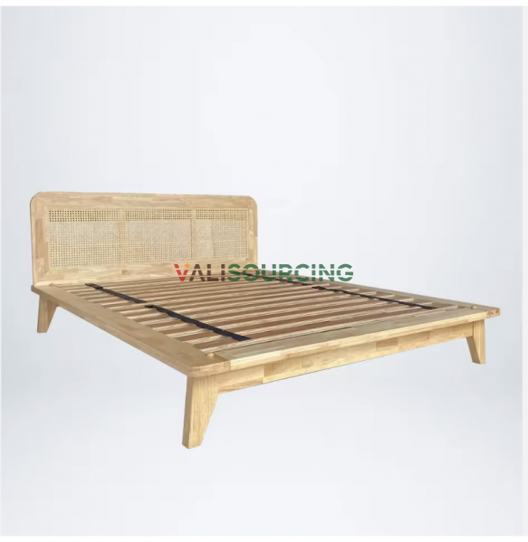 Minimalist Wooden Bed Frame with Rattan Cane Headboard – OEM & Wholesale