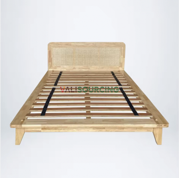 Minimalist Wooden Bed Frame with Rattan Cane Headboard – OEM & Wholesale