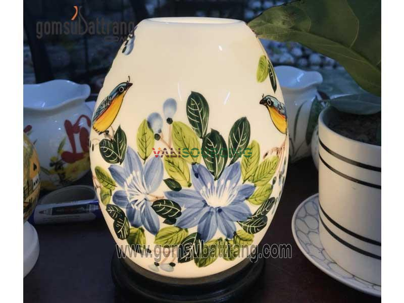 Small egg-shaped essential oil diffuser lamp with painted bird and flower scene. from Vietnam