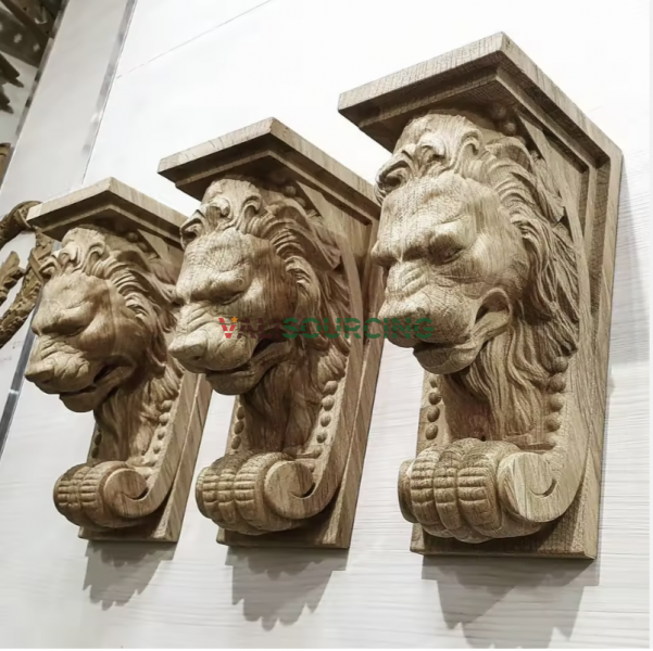 Solid Wood Wall Corbel with Detailed Lion Carving