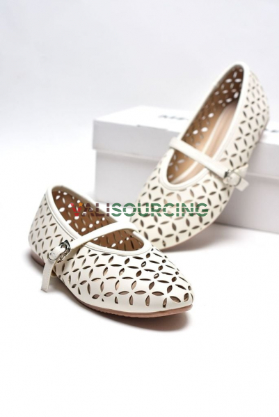 Merly 1642 Laser-Cut Mary Jane Flats | Breathable Symmetrical Leaf Pattern from Vietnam